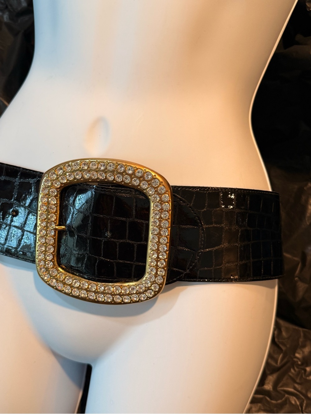 Ardene B. Black Croc-Embossed Belt with Large Gold Crystal Square Buckle - Picture 8 of 8